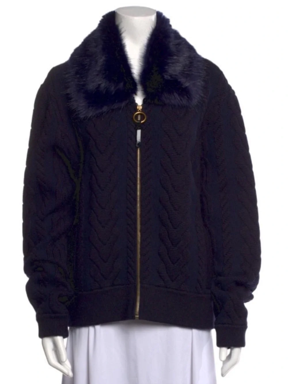 TORY BURCH Contraire Merino Wool Cable Knit Faux Fur Sweater Bomber Jacket XL